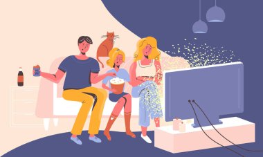 Aile evde bir kanepede TV 'de haber seyrediyor. Şaşırmış, stresli ve çıkarcı hikayelerle kafası karışmış..