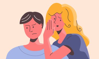 Kafası karışık bir adamın kulağına fısıldayan kadın. Kötü kadın üzgün bir erkeği sinsice manipüle ediyor..