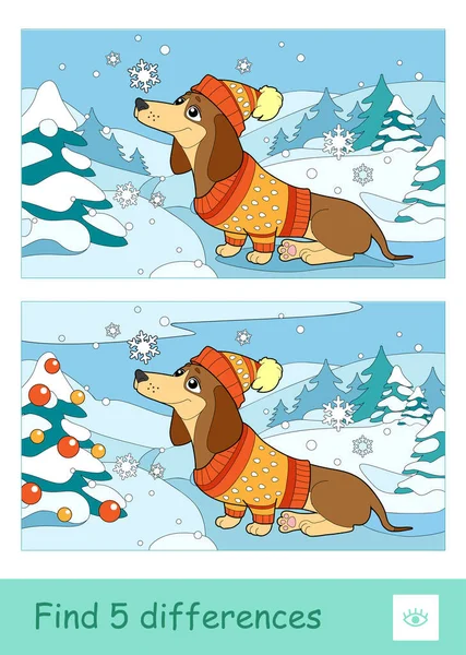 Trouver cinq différences quiz apprendre jeu pour enfants avec l'image d'un chien en chapeau et pull assis dans la neige près de l'épinette — Image vectorielle