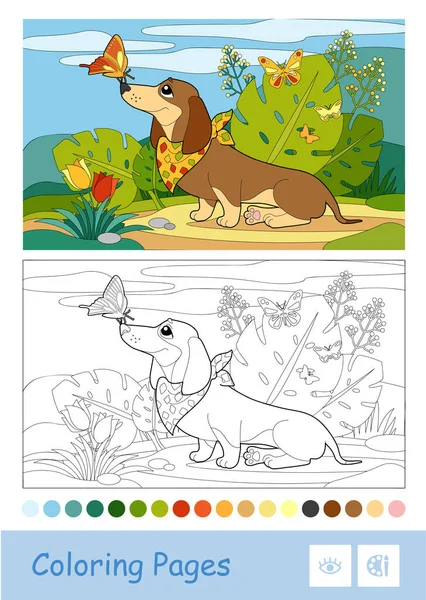 Plantilla de color y contorno incoloro imagen de un perro jugando con mariposas en un prado . — Vector de stock