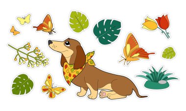 Beyaz arka planda neşeli köpek, çiçek ve kelebekler olan renkli çocuklar Noel tatili etiketi. Evcil hayvanlar ve mevsimler. Çocukları kes ve yapıştır oyunu.