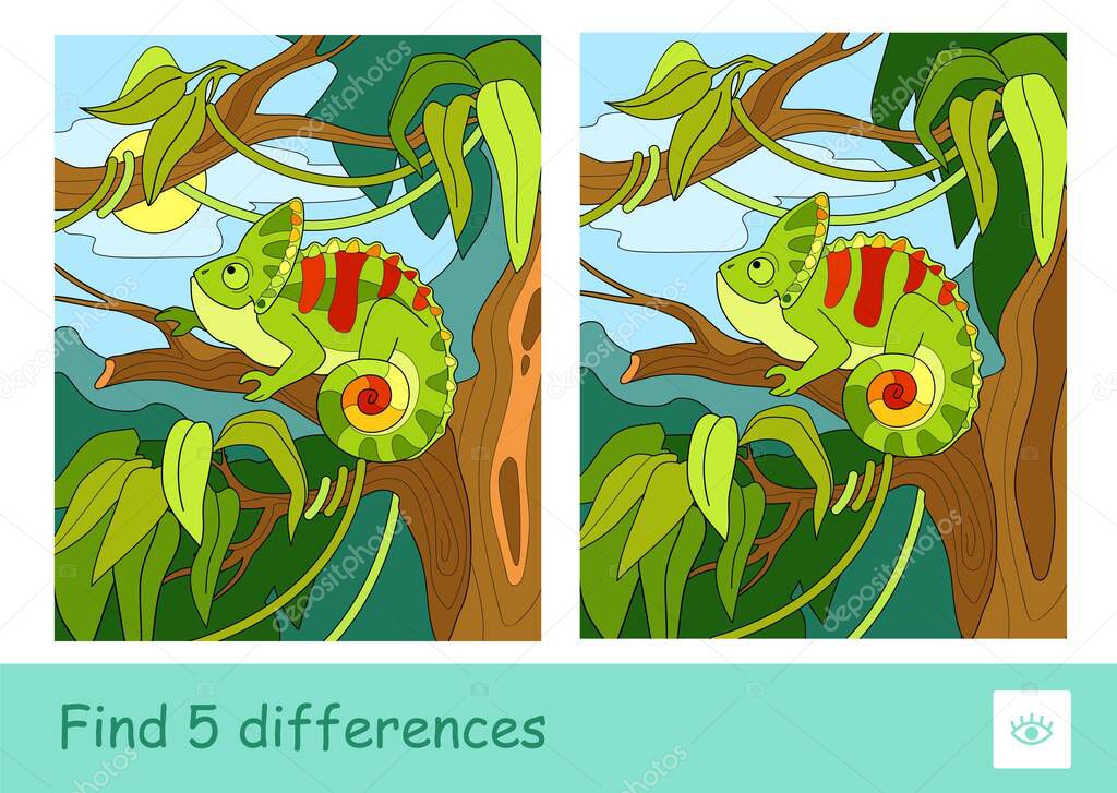 Find five differences quiz learning children game with image of a chameleon sitting on the tree in rainforest. Colorful image of animals. Developmental activity for children.