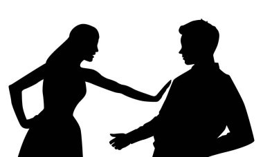 Female silhouette defending against sexual harassment of male silhouette isolated on white background. Slut-shaming, glass ceiling, victim-blaming and discrimination social issues vector illustration.