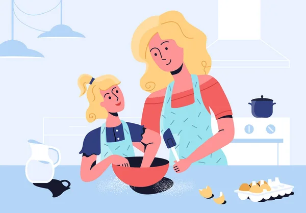 Mother teaching daughter to cook healthy food together at home. Forming healthy eating habits for children — Stock Vector