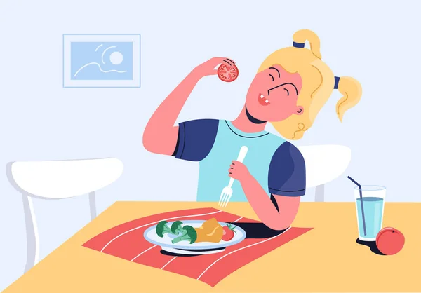 Chica feliz come verduras - tomate y brócoli - con buen apetito y placer. Formar hábitos alimenticios saludables — Archivo Imágenes Vectoriales