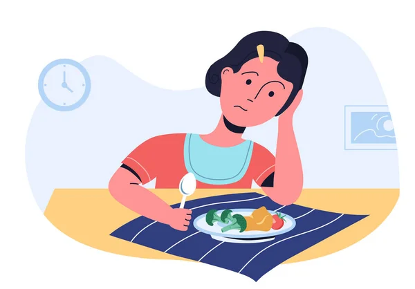 Chica triste mirando en su plato con verduras y negándose a intentarlo. Comedor exigente y mal apetito. Desafíos de crianza . — Vector de stock