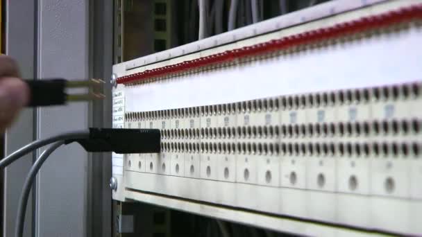 Panel de conexión, ingeniero insertar-quitar el cable de conexión. Manos. . — Vídeo de stock