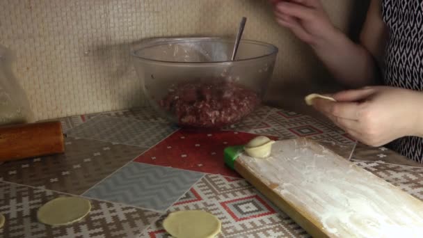 Een vrouw is het vormgeven van het deeg met vlees binnen dumplings maken. — Stockvideo