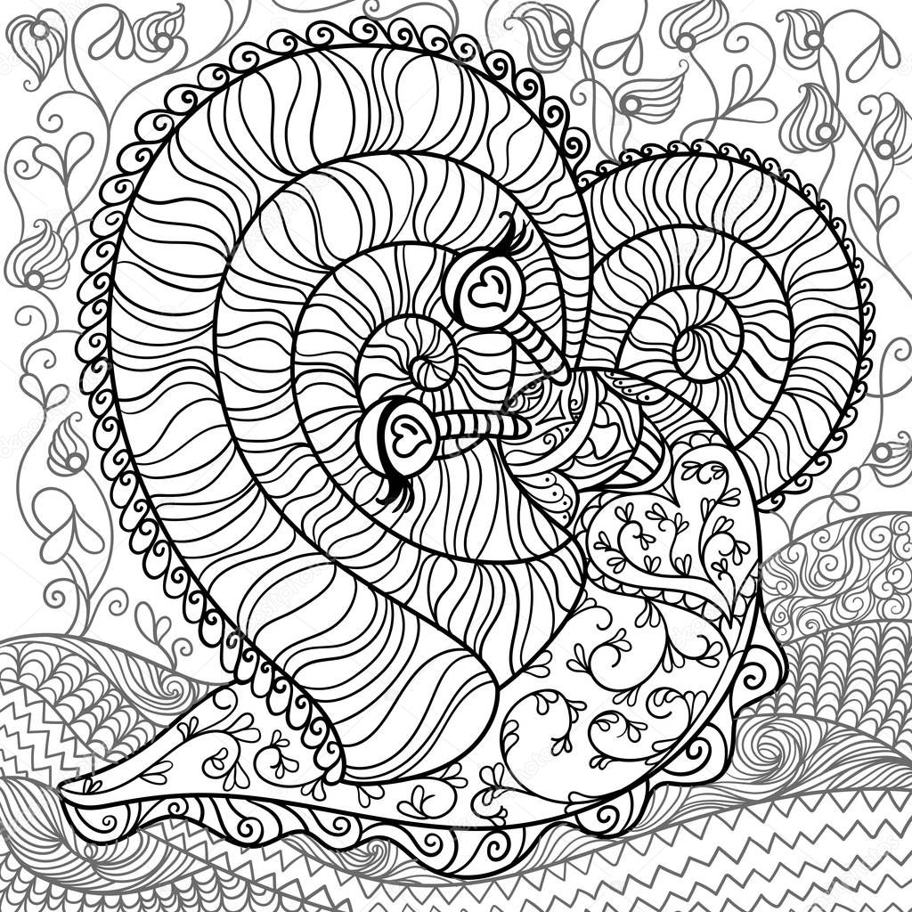 funny romantic snail. Coloring book antistress for adults