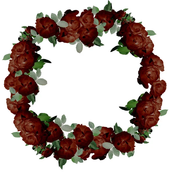 Kwiatowa Okrągła Ramka Różowymi Fioletowymi Różami Zielonymi Liśćmi Karty Fotograficzne — Zdjęcie stockowe