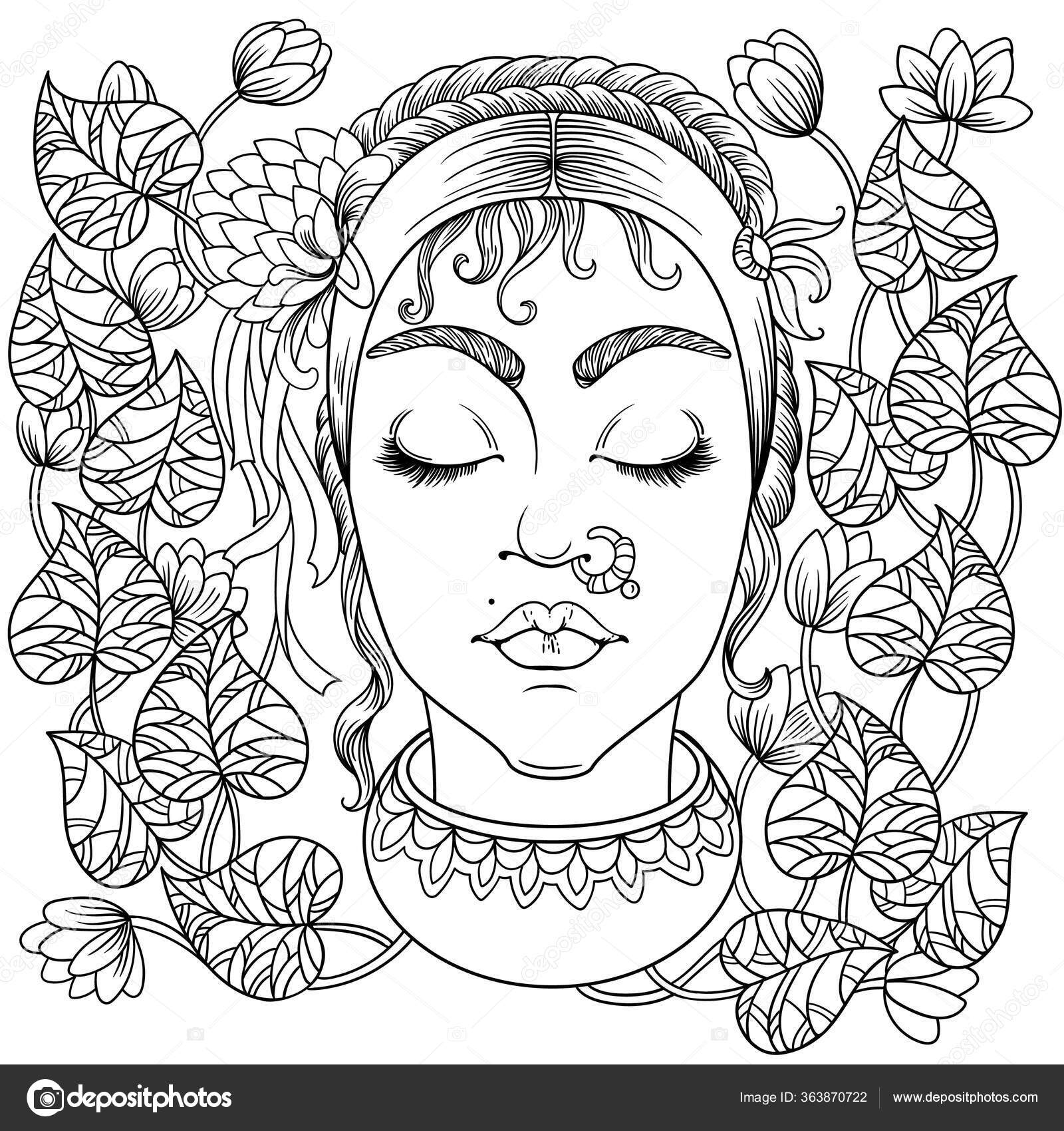 Download Coloring Book Adults Stress Beautiful Woman Face Ethnic Hairstyle Headdress Stock Photo Image By C Strelok Ju Gmail Com 363870722