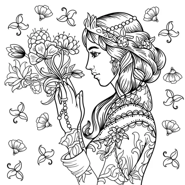 Gyönyörű Angyal Lány Virágokkal Frizurával Kifestőkönyv Felnőtteknek Antistress Fekete Fehér — Stock Fotó