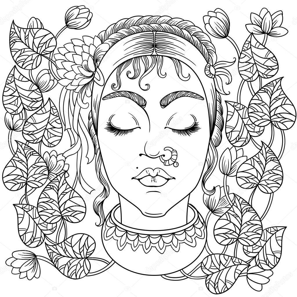 Coloring book for adults anti stress beautiful woman face with ethnic hairstyle and headdress  with black and white background