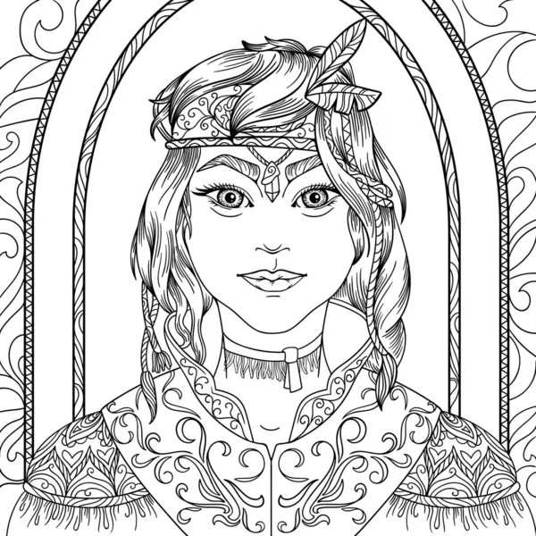 Coloring Page Adults Stress Beautiful Girl Hunter Fantasy Characters Black — Stock Photo, Image