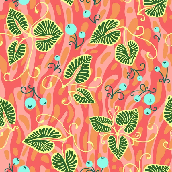 Безшовний Ботанічний Візерунок Зеленим Листям Ягодами Рожевим Помаранчевим Фоном — стокове фото