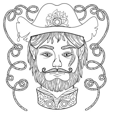 Yetişkinler için Zentangle boyama sayfası erkek yüzlü stres karşıtı ve eski tarz şapka ve ipli dekoratif detaylar