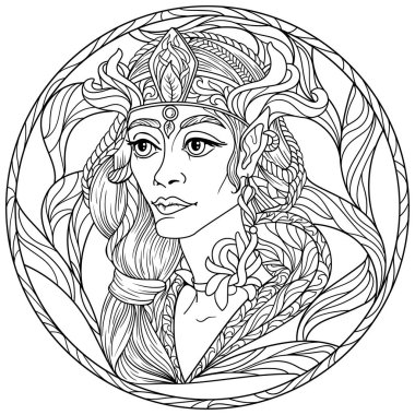 Yetişkinler için Zentangle fantezi boyama sayfası strese karşı siyah beyaz arka planlı güzel kız elf yüzlü 