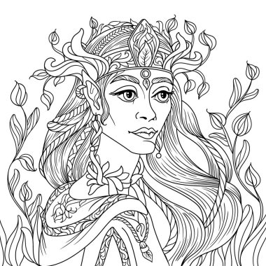 Yetişkinler için Zentangle fantezi boyama sayfası strese karşı siyah beyaz arka planlı güzel kız elf yüzlü 