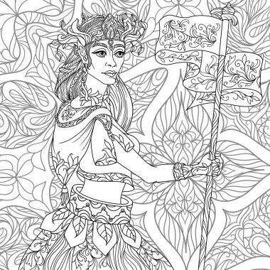 Yetişkinler için Zentangle fantezi boyama sayfası strese karşı siyah beyaz arka planlı güzel kız elf yüzlü 
