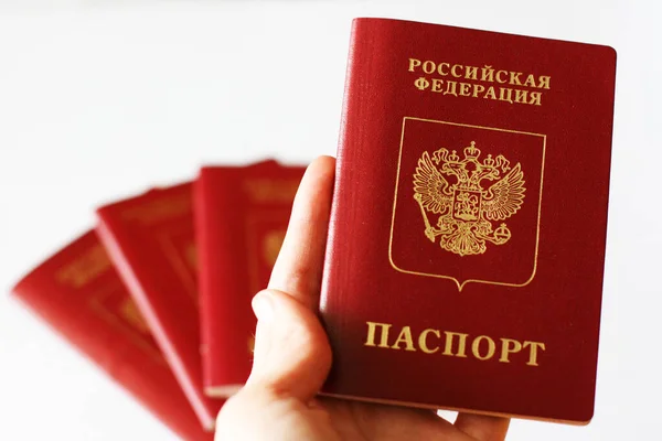 ロシアのパスポートを持っている女性の手 白い背景に手の中に赤いロシアの国際パスポート — ストック写真