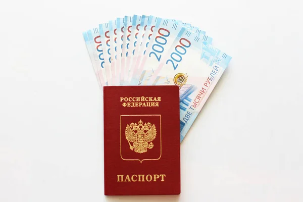 Russian Foreign Passport White Background Russian Money Dark Red Passport — Stock Photo, Image