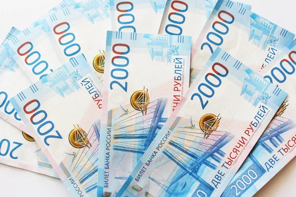 Hintergrund Des Russischen Geldes Banknoten Wert Von Zweitausend Rubel Lagen — Stockfoto