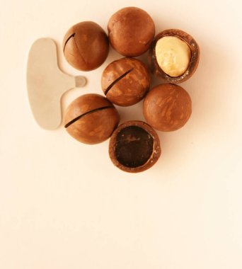 Telif uzayı beyaz arka planda Macadam nut. Anahtarlı fındıkların doğal arkaplanı