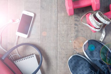 Sağlıklı yaşam konsepti, diyet ve fitness, düz lay, üstten görünüm