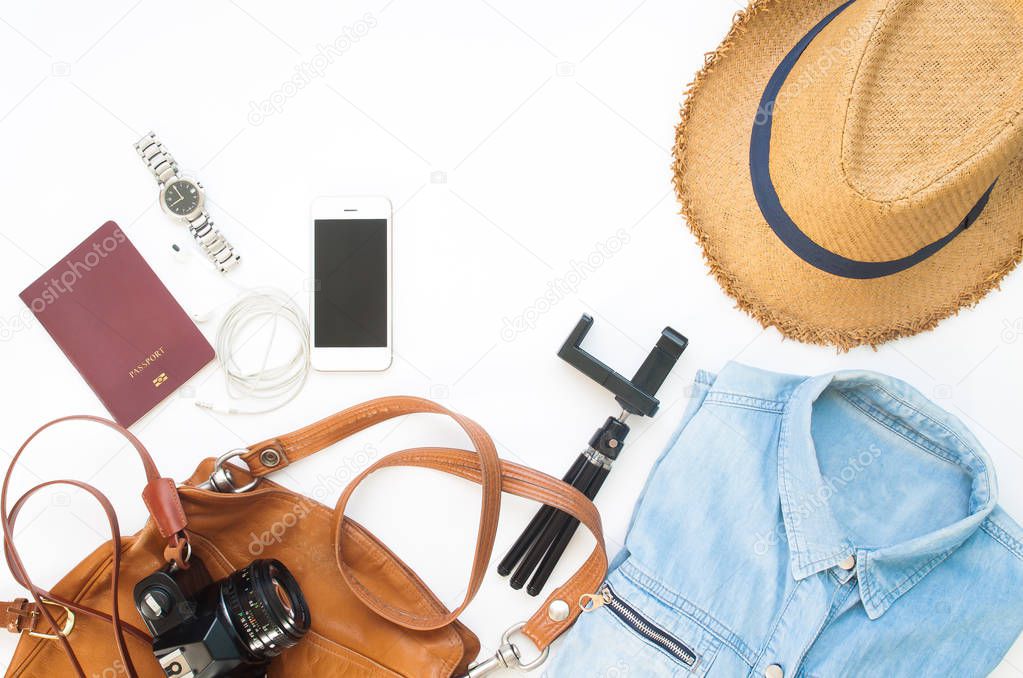 Flat lay of Traveler's items, Essential vacation accessories of 