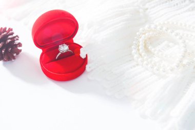 Alyans, pırlanta yüzük kırmızı bir kutu içinde. Kopya alanı ile seçici odak