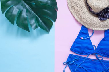 Üstten Görünüm yaz kavramı, Monstera yaprak, bikini ve hasır şapka pastel renk arka plan kopya alanı ile