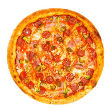 Güzel klasik İtalyan yanan Pizza sosis, biber, jalapeno sosu ve peynir ile