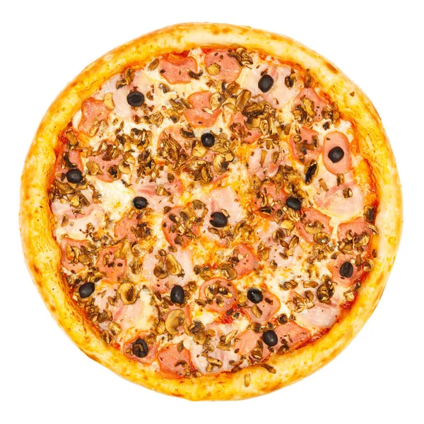 Läcker klassisk italiensk Pizza med kryddig kyckling, svamp och ost. — Stockfoto