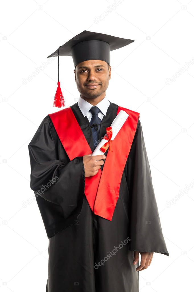 Male african american graduate in gown and cap