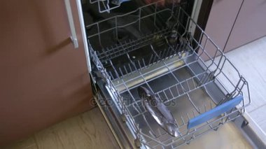 Adam birkaç tabak bulaşık makinesi koyuyor.