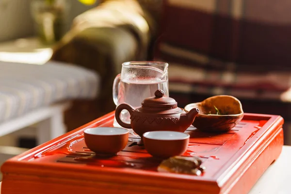 The process of brewing tea at the tea ceremony.