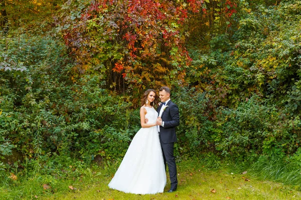 Elegante krullend bruid en stijlvolle bruidegom — Stockfoto