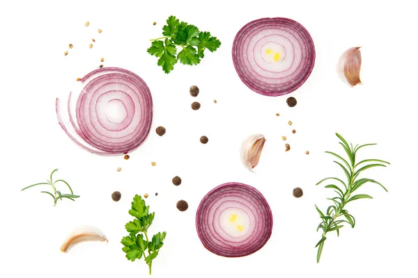 Composition with red onion and spices isolated on white background. — Stock Photo, Image
