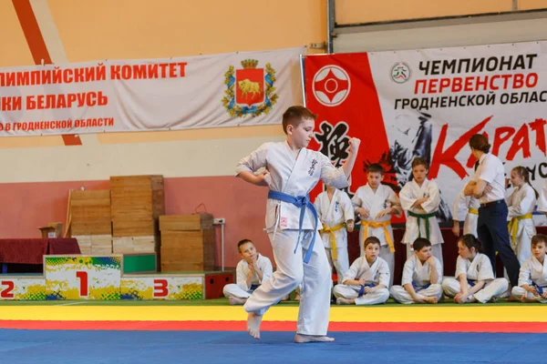 그 로드 노 지역 Kyokushin 가라테의 후배 중 대회에서 카 타 우승 — 스톡 사진