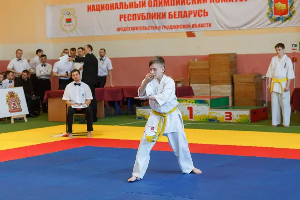 Ката чемпіонату в чемпіонаті серед юніорів Гродненська область Кіокушин карате — стокове фото