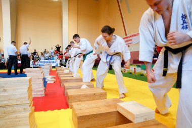 Martial artists breaks the wooden boards clipart