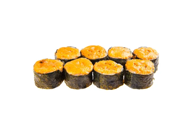 Set of Baked Fukuoka-rolls with eel, cheese, green onion and spicy sauce — Stock Photo, Image