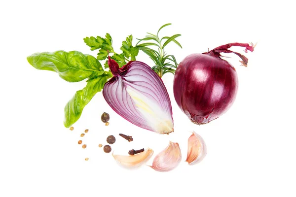 Composition with onion, garlic and spices — Stock Photo, Image