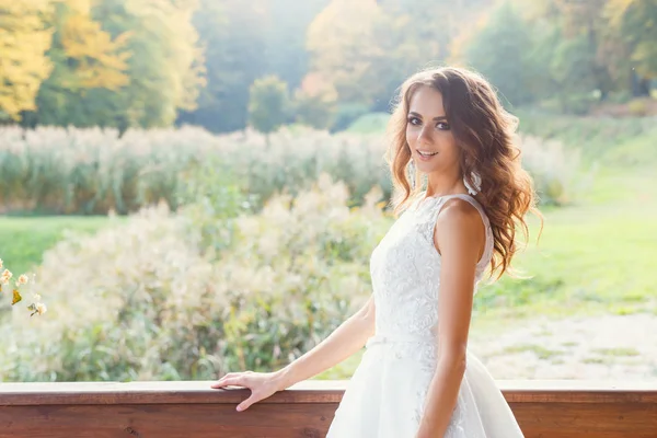 Schöne junge Braut mit langen lockigen Haaren — Stockfoto