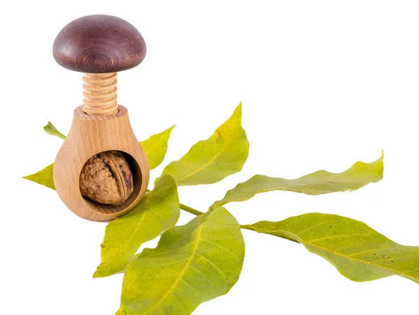 Nueces enteras y cascanueces de tornillo de madera aisladas sobre fondo blanco — Foto de Stock