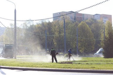 Workers mow grass 