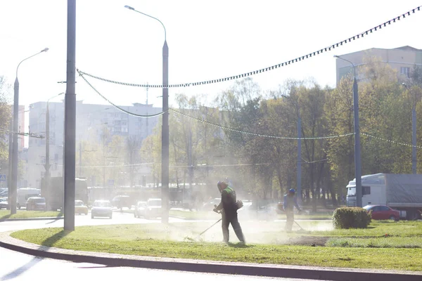 Workers mow grass — ストック写真