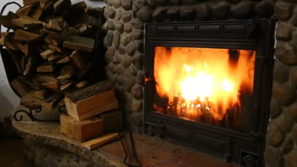 Chimenea Salón Fuego Está Ardiendo Chimenea — Vídeo de stock