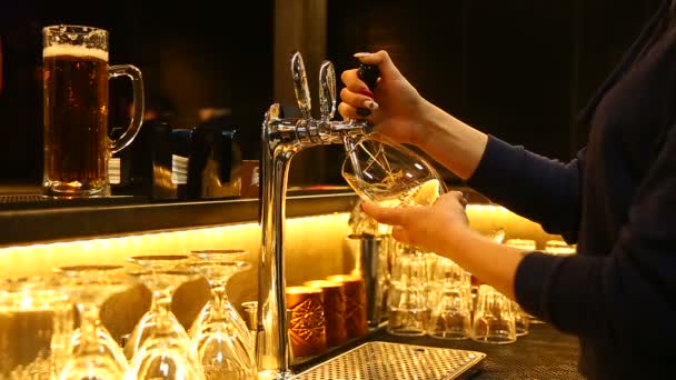 Mujer Barmen está vertiendo cerveza en el vidrio limpio de alta — Vídeos de Stock