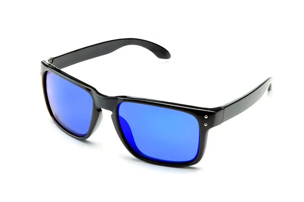 Gafas Sol Negras Clásicas Con Lentes Espejo Azul Aisladas Sobre — Foto de Stock